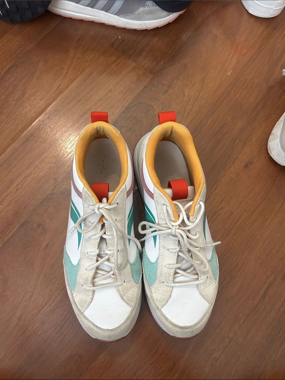 Keds Sneakers in Cream, Teal, Orange and Red Accents